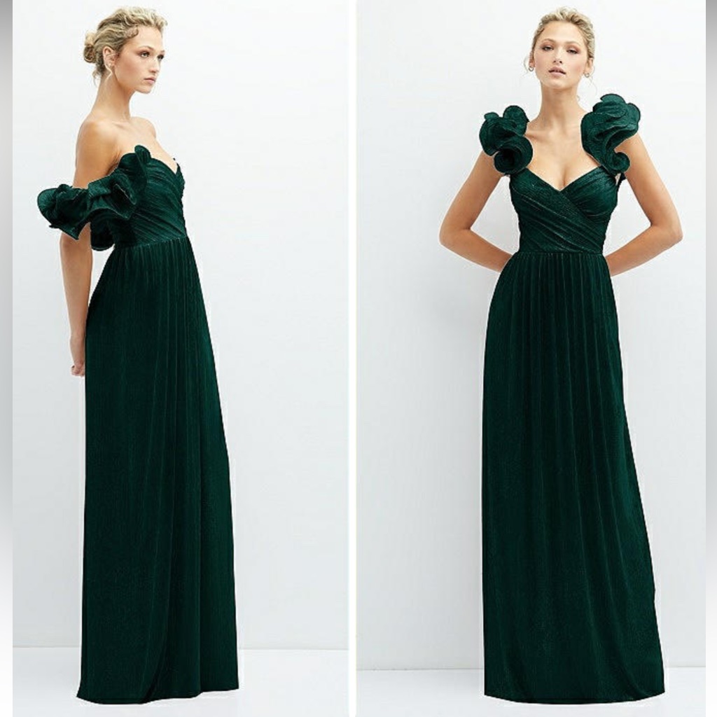 After Six Ruffle Convertible Strap Metallic Evergreen Pleated Maxi Dress Nwt S